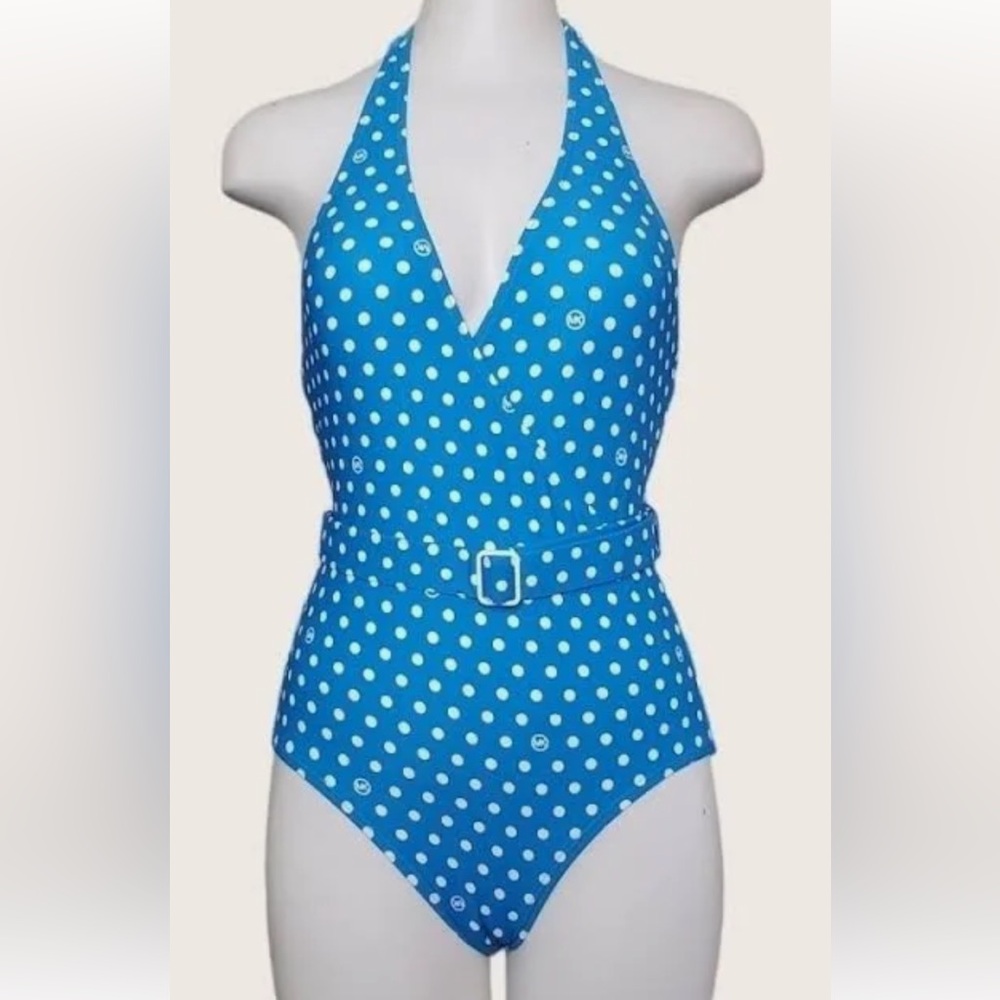 Michael Kors blue polka dot halter one piece bathing suit
